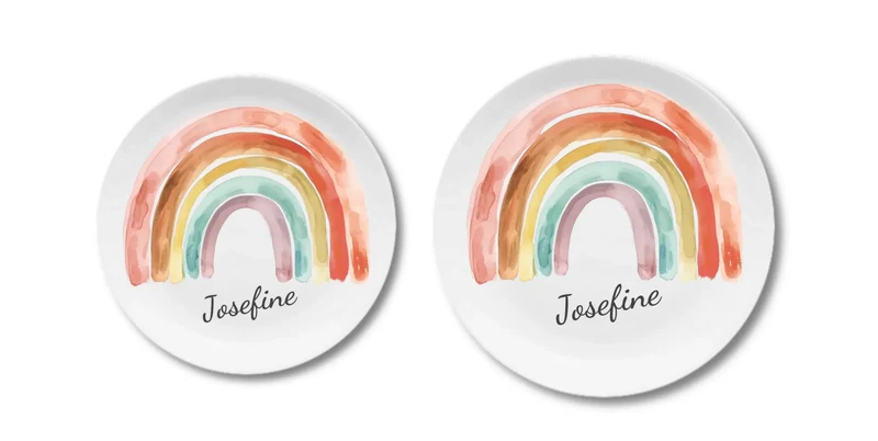 Kinderteller mit Regenbogen & Namen personalisiert, Kindergeschirr Geschenk zur Taufe, Geburt, Geburtstag und Weihnachten