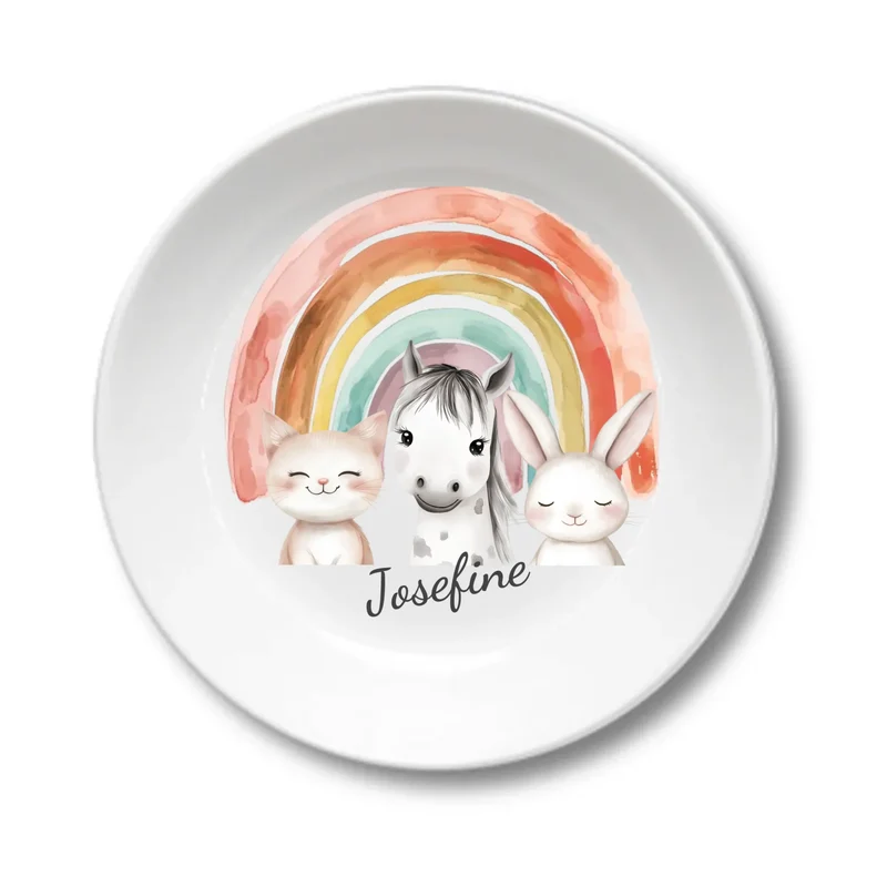Kinderteller Regenbogen mit Namen & Farmtieren personalisiert, Kindergeschirr Geschenk zur Taufe, Geburt, Geburtstag und Weihnachten 2
