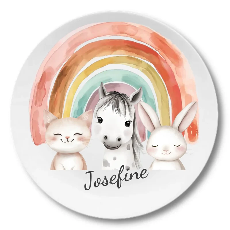 Kinderteller Regenbogen mit Namen & Farmtieren personalisiert, Kindergeschirr Geschenk zur Taufe, Geburt, Geburtstag und Weihnachten 2