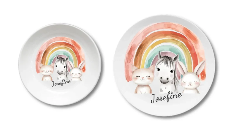 Kinderteller Regenbogen mit Namen & Farmtieren personalisiert, Kindergeschirr Geschenk zur Taufe, Geburt, Geburtstag und Weihnachten 2