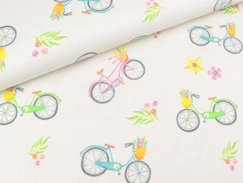 Reststück 17cm - Baumwolljersey Fahrräder und Blumen bunt auf Natur