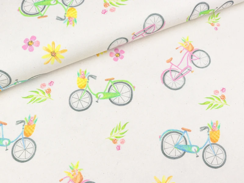 Reststück 17cm - Baumwolljersey Fahrräder und Blumen bunt auf Natur