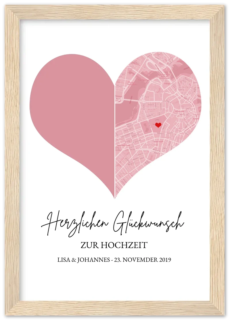 Hochzeitsgeschenk Fotoposter mit Herz Stadtkarte | Koordinaten Fotoposter zur Hochzeit