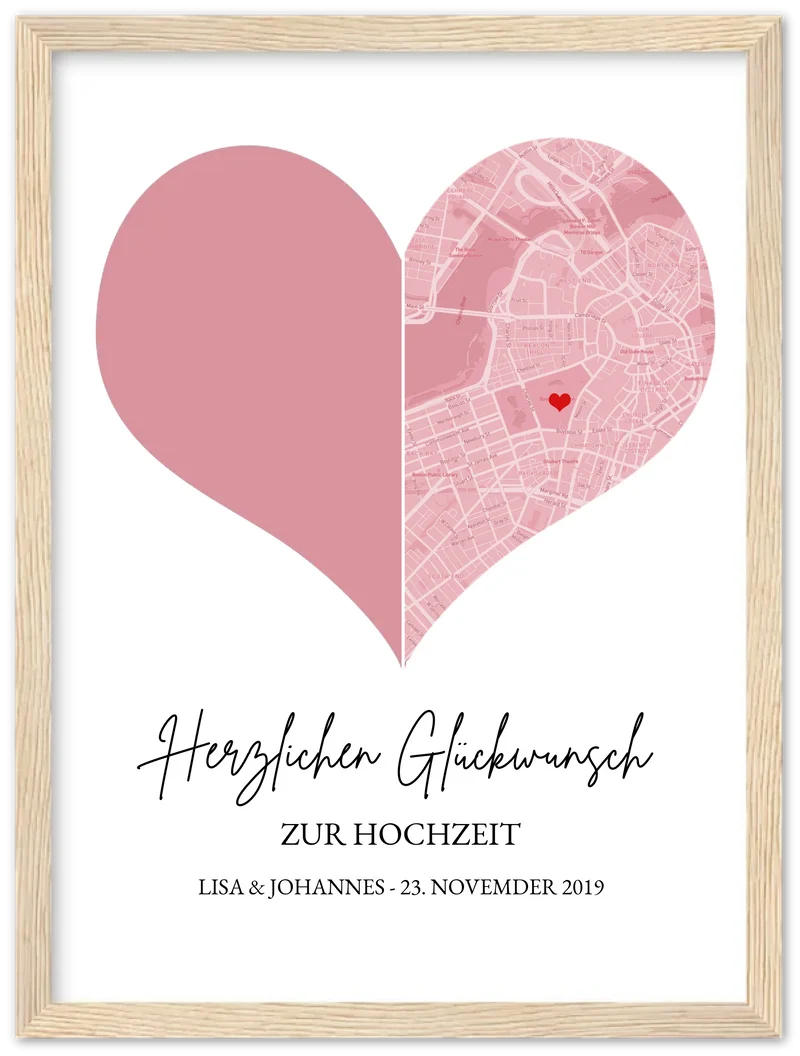 Hochzeitsgeschenk Fotoposter mit Herz Stadtkarte | Koordinaten Fotoposter zur Hochzeit
