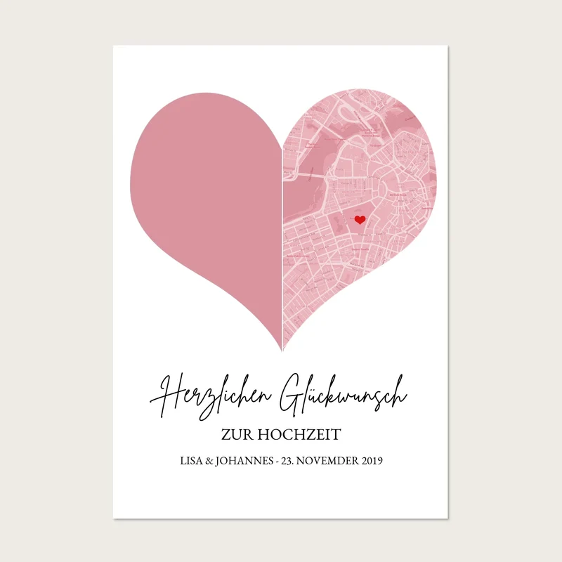 Hochzeitsgeschenk Fotoposter mit Herz Stadtkarte | Koordinaten Fotoposter zur Hochzeit
