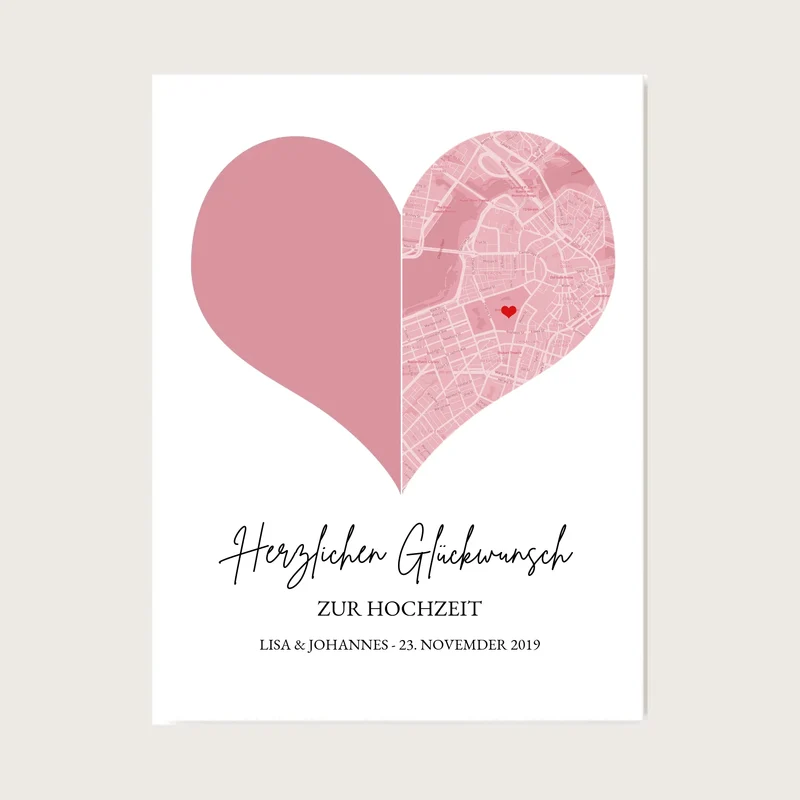 Hochzeitsgeschenk Fotoposter mit Herz Stadtkarte | Koordinaten Fotoposter zur Hochzeit