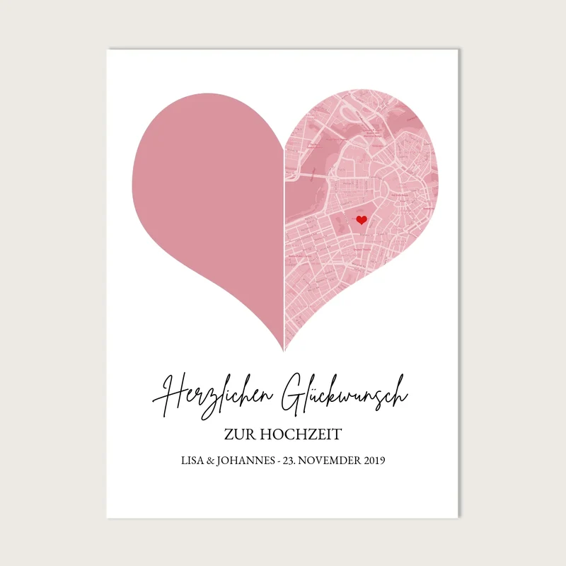 Hochzeitsgeschenk Fotoposter mit Herz Stadtkarte | Koordinaten Fotoposter zur Hochzeit