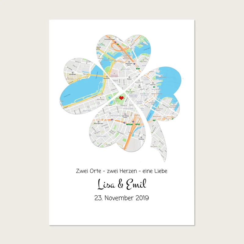 Personalisiertes Hochzeitsgeschenk Kleeblatt Poster Stadtkarte Design | Bild Geschenk Hochzeitstag, Jahrestag, Jubiläum
