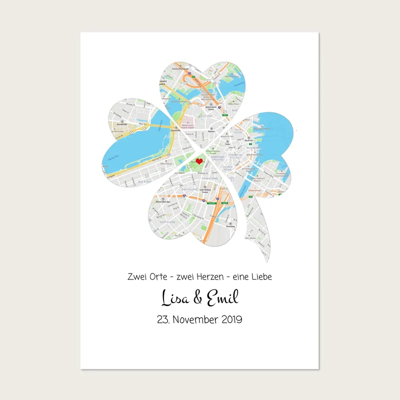 Personalisiertes Hochzeitsgeschenk Kleeblatt Poster Stadtkarte Design | Bild Geschenk Hochzeitstag, Jahrestag, Jubiläum