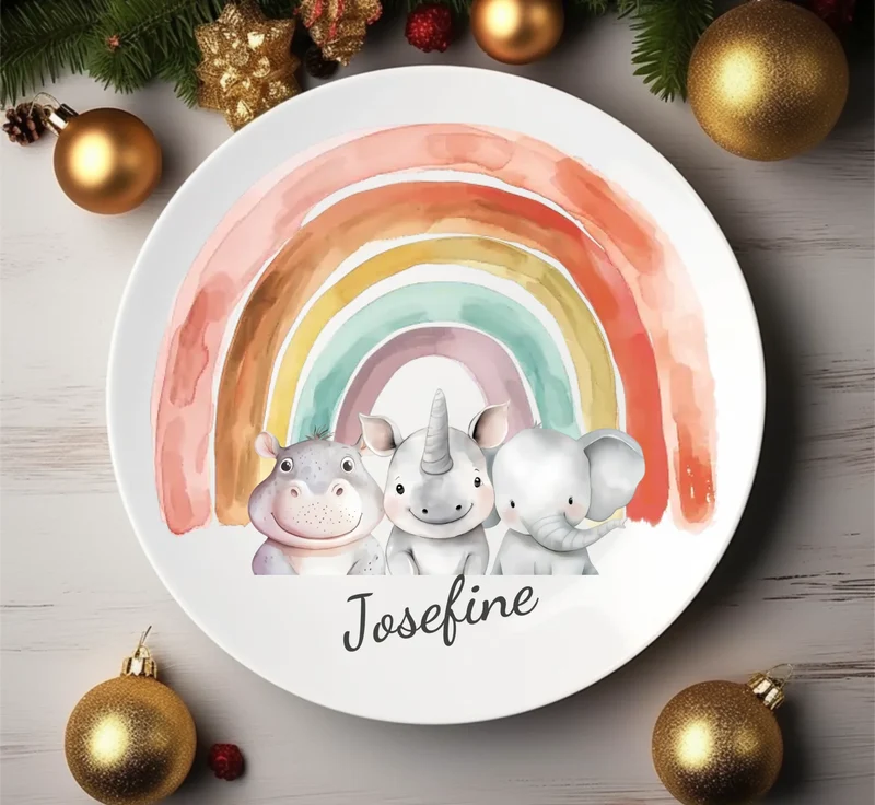 Kinderteller Regenbogen mit Namen & Safari-Dschungeltieren personalisiert, Kindergeschirr Geschenk zur Taufe, Geburt, Geburtstag und Weihnachten