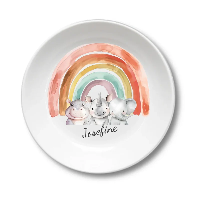 Kinderteller Regenbogen mit Namen & Safari-Dschungeltieren personalisiert, Kindergeschirr Geschenk zur Taufe, Geburt, Geburtstag und Weihnachten