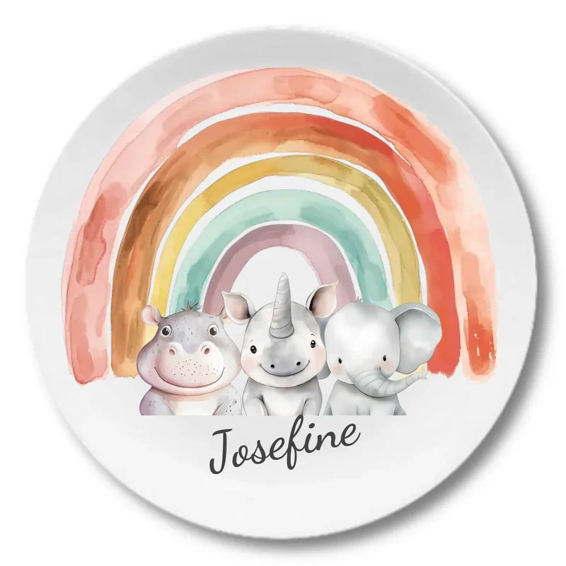 Kinderteller Regenbogen mit Namen & Safari-Dschungeltieren personalisiert, Kindergeschirr Geschenk zur Taufe, Geburt, Geburtstag und Weihnachten
