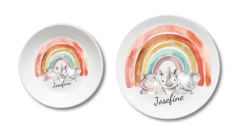 Kinderteller Regenbogen mit Namen & Safari-Dschungeltieren personalisiert, Kindergeschirr Geschenk zur Taufe, Geburt, Geburtstag und Weihnachten