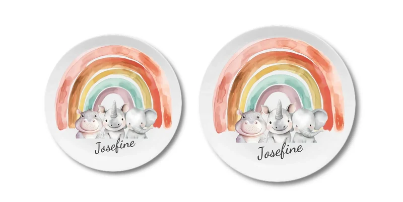 Kinderteller Regenbogen mit Namen & Safari-Dschungeltieren personalisiert, Kindergeschirr Geschenk zur Taufe, Geburt, Geburtstag und Weihnachten