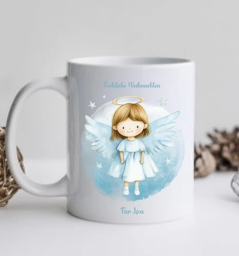 "Schutzengel" Tasse - Personalisierte Tasse mit Engel und Namen für Kinder blau