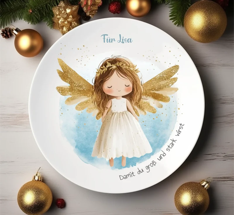 Personalisierter Weihnachtsteller / Nikolausteller mit Schutzengel & Namen, Geschenk für Kinder Mädchen 2