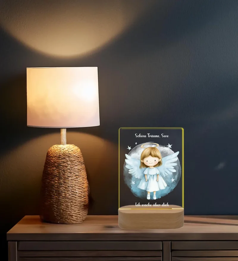 Schutzengel LED Nachtlicht personalisiert für Kinder mit Name und Text - Engel Dekolicht