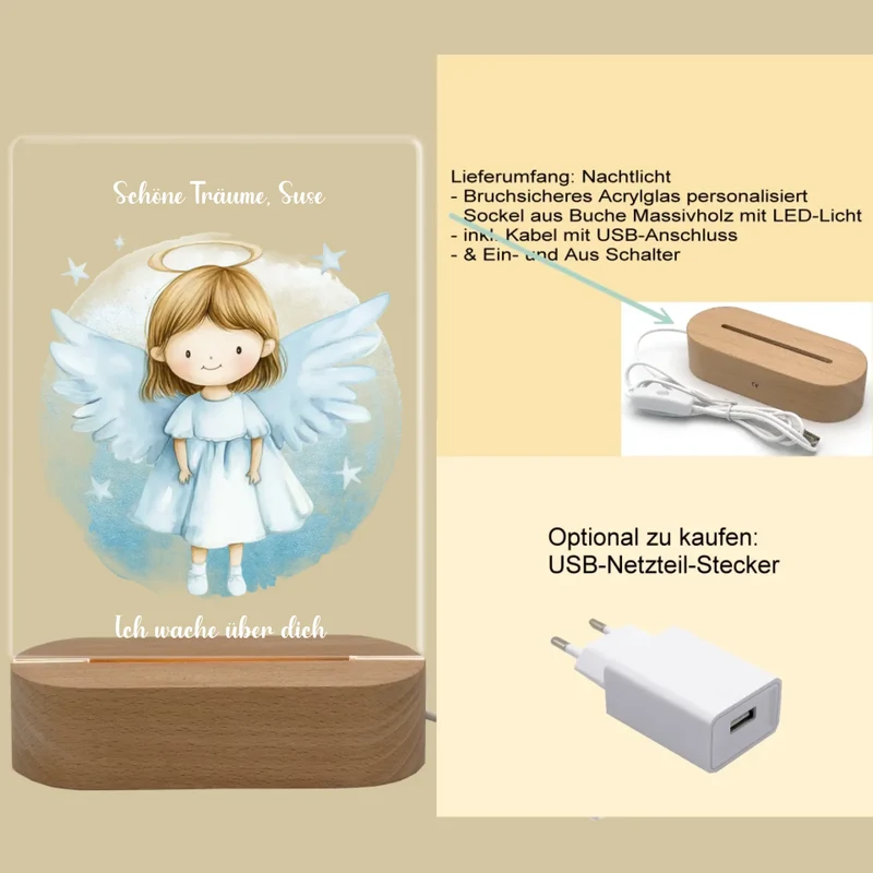 Schutzengel LED Nachtlicht personalisiert für Kinder mit Name und Text - Engel Dekolicht