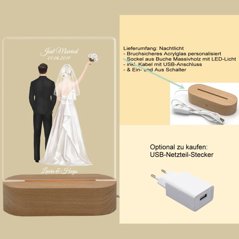 Personalisiertes LED Nachtlicht "Just Married'' Brautpaar Hochzeitsgeschenk