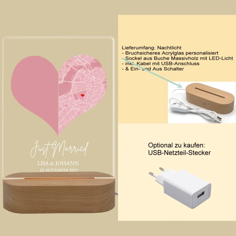 Personalisiertes LED Nachtlicht "Just Married'' mit Foto Hochzeitsgeschenk