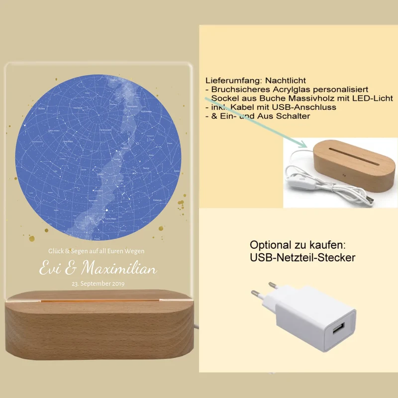 Sternenhimmel LED-Licht – Personalisiertes Nachtlicht mit Namen & Datum als einzigartiges Hochzeitsgeschenk