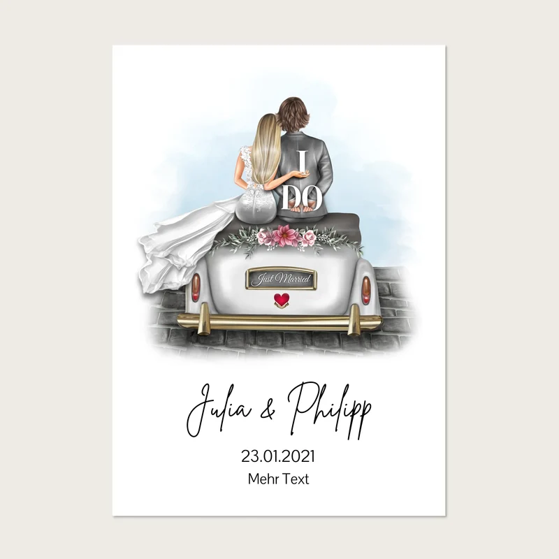 Hochzeitspaar im Hochzeitsauto | Personalisiertes Poster Hochzeitsgeschenk | Geschenk Wedding Car Hochzeit