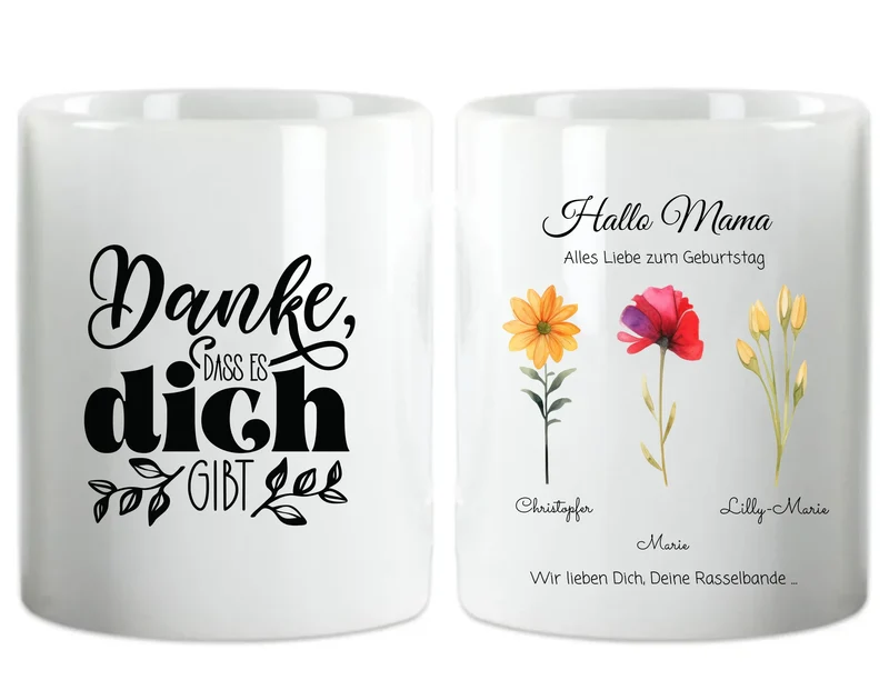 Personalisierte Tasse - Geschenk zum Muttertag & Vatertag mit Blumen