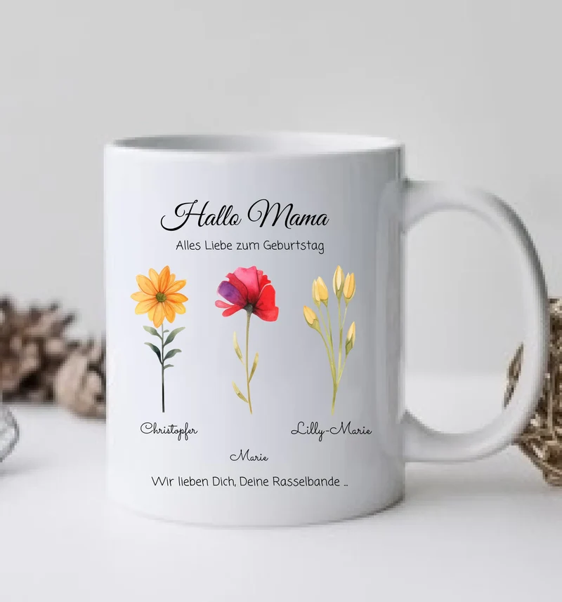 Personalisierte Tasse - Geschenk zum Muttertag & Vatertag mit Blumen