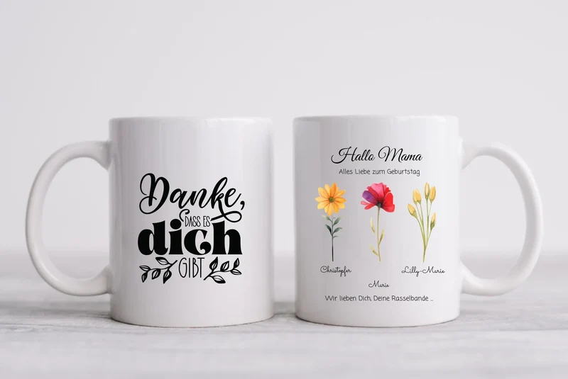 Personalisierte Tasse - Geschenk zum Muttertag & Vatertag mit Blumen