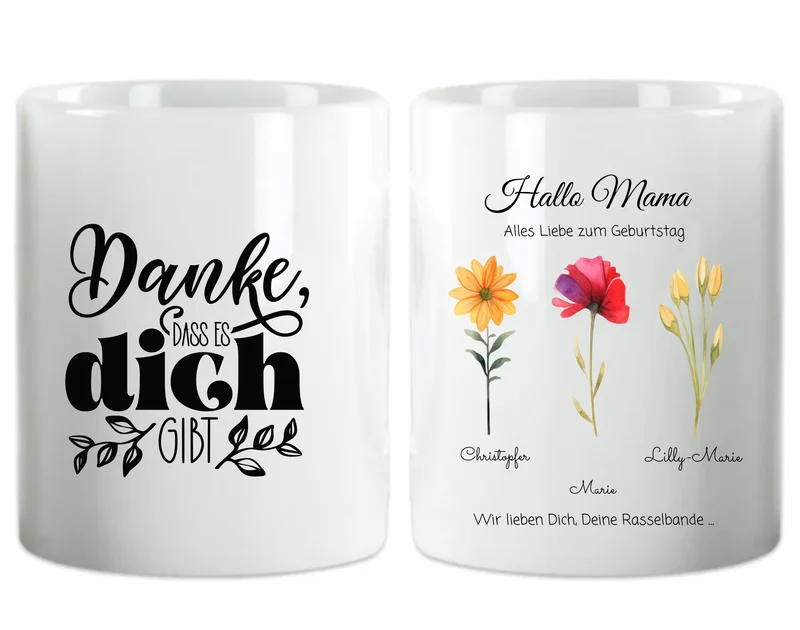 Personalisierte Tasse - Geschenk zum Muttertag & Vatertag mit Blumen
