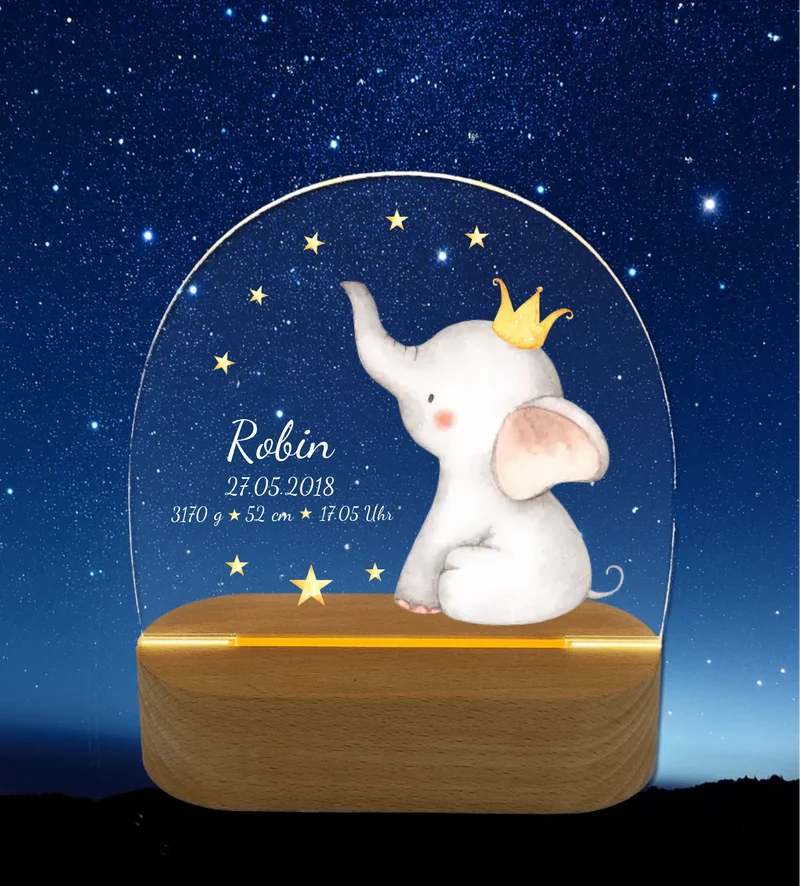 Personalisiertes Baby & Kinder LED Nachtlicht Elefant mit Geburtsdaten Geburtsgeschenk & Taufgeschenk Junge