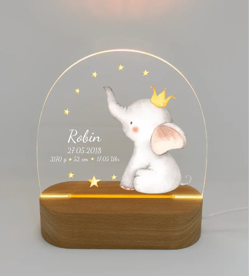 Personalisiertes Baby & Kinder LED Nachtlicht Elefant mit Geburtsdaten Geburtsgeschenk & Taufgeschenk Junge