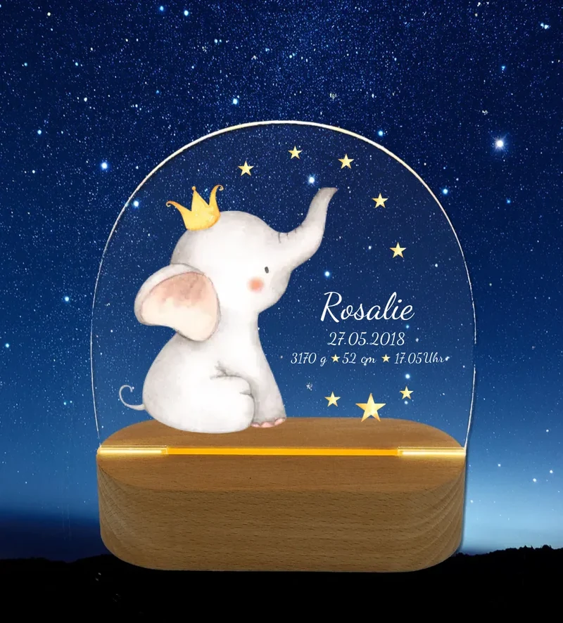 Personalisiertes Baby & Kinder LED Nachtlicht Elefant mit Geburtsdaten Geburtsgeschenk & Taufgeschenk Mädchen