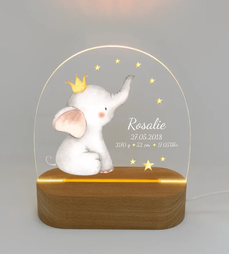 Personalisiertes Baby & Kinder LED Nachtlicht Elefant mit Geburtsdaten Geburtsgeschenk & Taufgeschenk Mädchen