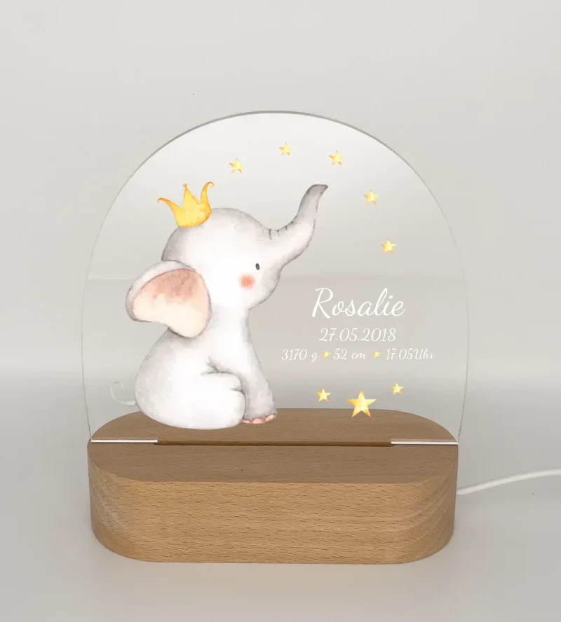 Personalisiertes Baby & Kinder LED Nachtlicht Elefant mit Geburtsdaten Geburtsgeschenk & Taufgeschenk Mädchen