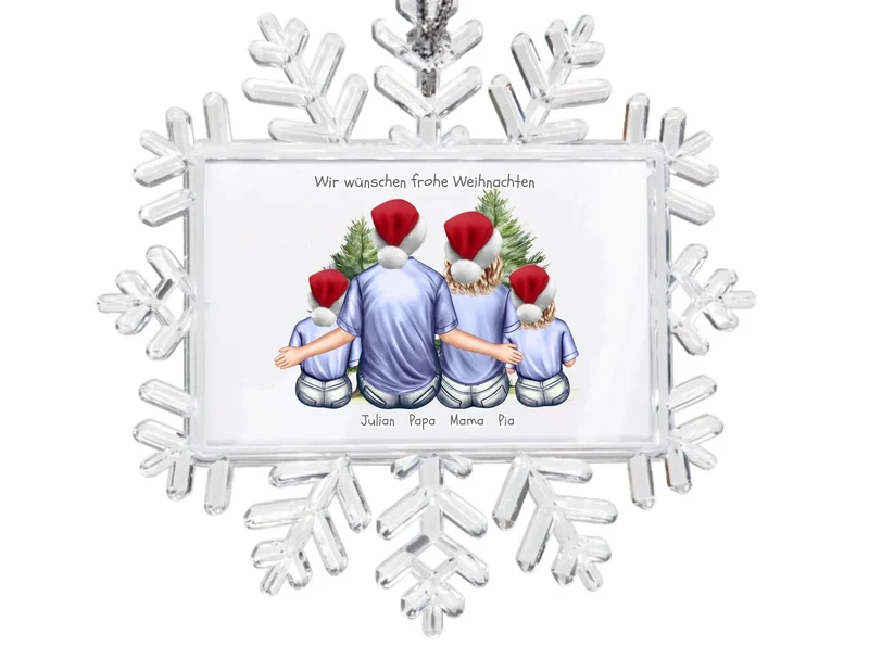 Weihnachtsbaum Ornament Schneeflocke mit Familie mit 2 Kindern personalisiert. Baumschmuck, Baumanhänger. Geschenkanhänger