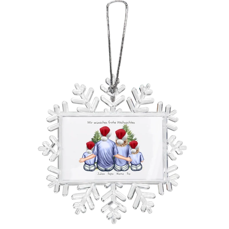 Weihnachtsbaum Ornament Schneeflocke mit Familie mit 2 Kindern personalisiert. Baumschmuck, Baumanhänger. Geschenkanhänger