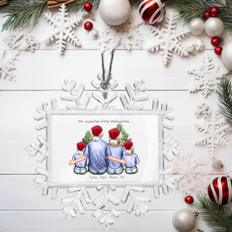 Weihnachtsbaum Ornament Schneeflocke mit Familie mit 2 Kindern personalisiert. Baumschmuck, Baumanhänger. Geschenkanhänger