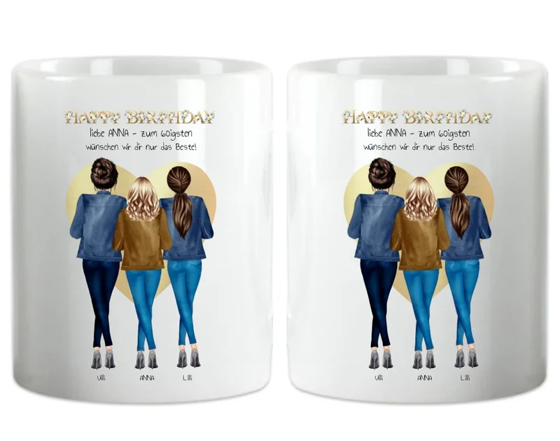 60 Geburtstag Freundin Geschenk | Personalisiertes Tasse Happy Birthday mit 3 Freundinnen | Geschenk Schwester | Kollegin | Mama