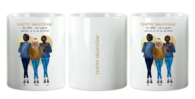 60 Geburtstag Freundin Geschenk | Personalisiertes Tasse Happy Birthday mit 3 Freundinnen | Geschenk Schwester | Kollegin | Mama