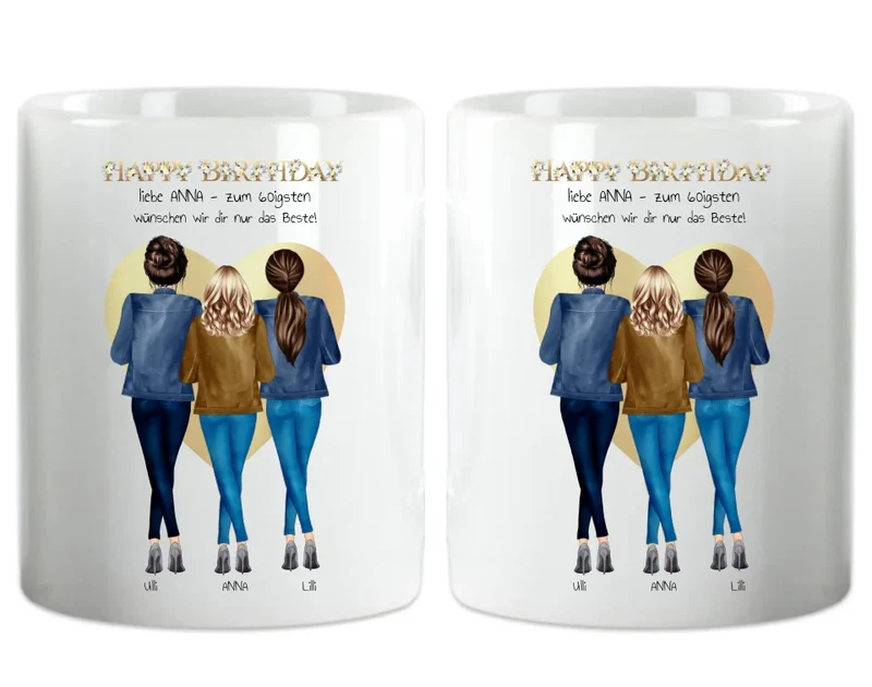 60 Geburtstag Freundin Geschenk | Personalisiertes Tasse Happy Birthday mit 3 Freundinnen | Geschenk Schwester | Kollegin | Mama