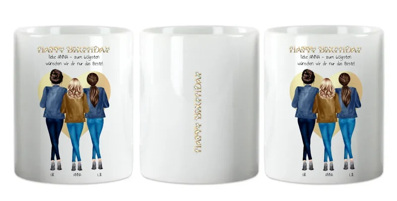 60 Geburtstag Freundin Geschenk | Personalisiertes Tasse Happy Birthday mit 3 Freundinnen | Geschenk Schwester | Kollegin | Mama