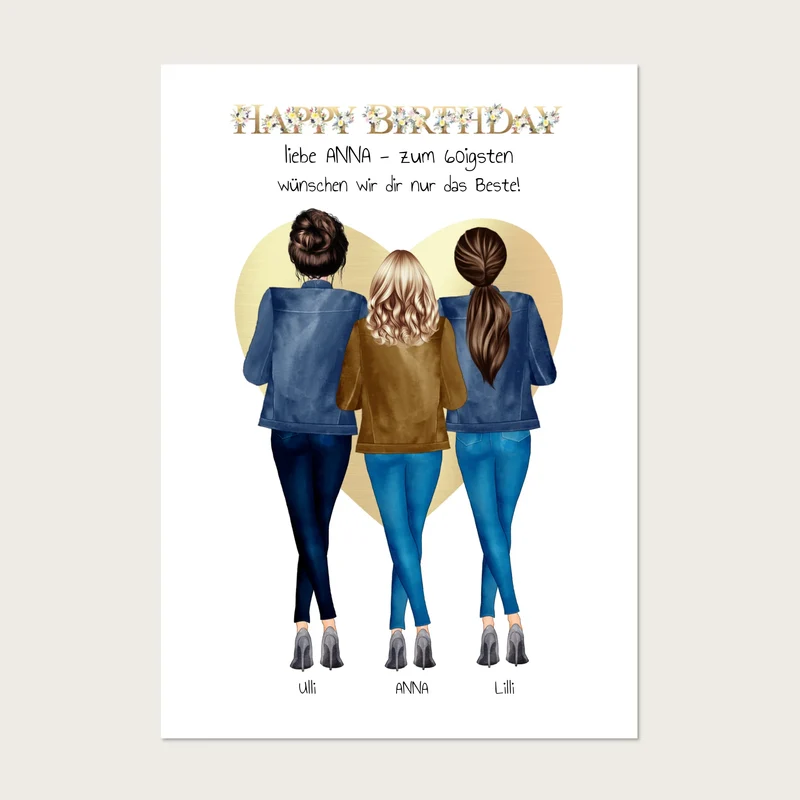 50 oder 60. Geburtstag Bild Geschenk 3 Freundinnen | Geschenk Schwester | Kollegin | Mama