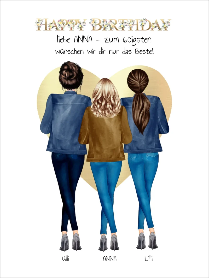 50 oder 60. Geburtstag Bild Geschenk 3 Freundinnen | Geschenk Schwester | Kollegin | Mama