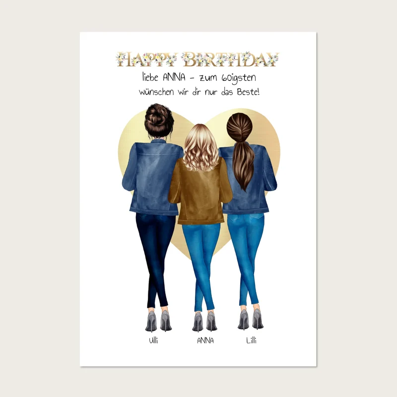 50 oder 60. Geburtstag Bild Geschenk 3 Freundinnen | Geschenk Schwester | Kollegin | Mama
