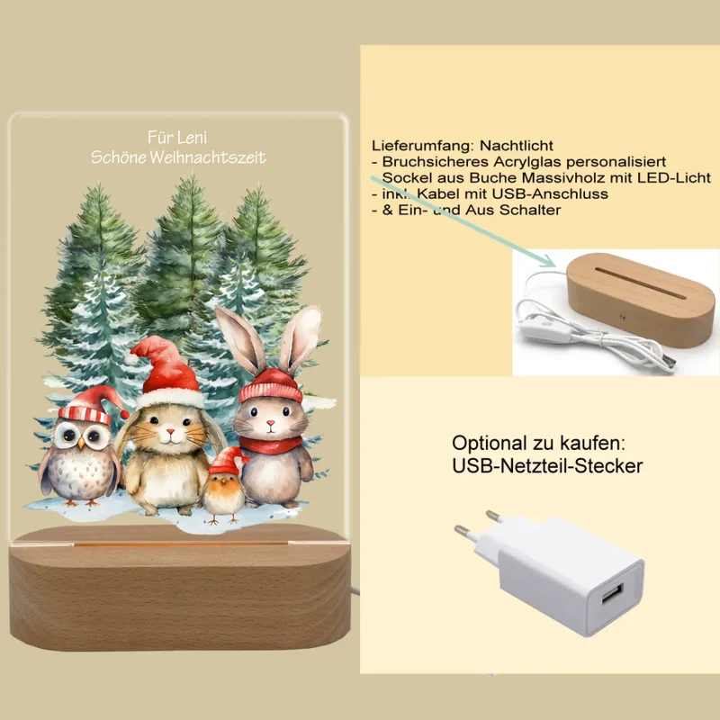 Personalisiertes LED Nachtlicht für Kinder - Weihnachtstiere - Weihnachtsnachtlicht