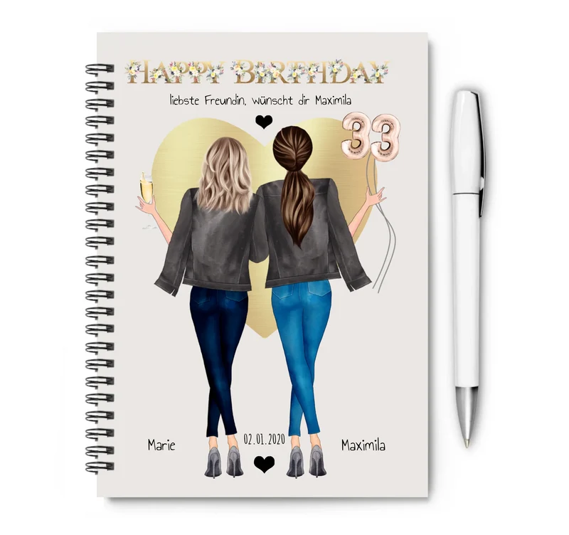 Happy Birthday beste Freundin Personalisierter Collegeblock mit Namen, Datum als Geburtstagsgeschenk