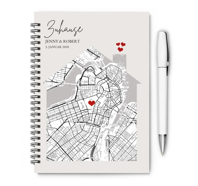 Personalisierter Collegeblock / Notizblock Zuhause Stadtkarte Motiv Geburtstagsgeschenk, Geschenk Hochzeitstag