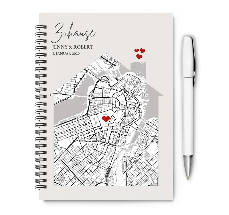Personalisierter Collegeblock / Notizblock Zuhause Stadtkarte Motiv Geburtstagsgeschenk, Geschenk Hochzeitstag