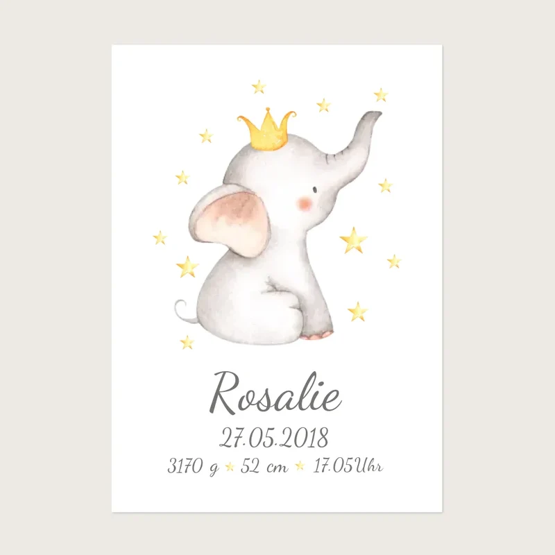 Personalisiertes Babyposter Geburtsanzeige Mädchen Baby Elefant / Junge Geschenk Geburt / Taufgeschenk